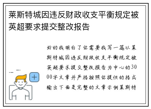 莱斯特城因违反财政收支平衡规定被英超要求提交整改报告
