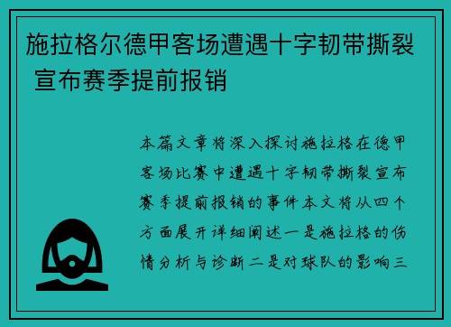 施拉格尔德甲客场遭遇十字韧带撕裂 宣布赛季提前报销 施拉格尔德甲客场遭遇十字韧带撕裂 宣布赛季提前报销